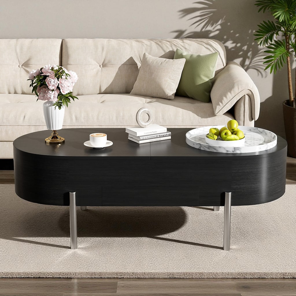 47.2'' Lift-Top Coffee Table with 360掳 Rotating Tray, Hidden Storage & Drawers, Modern Marble-Patterned Oval Center Table
