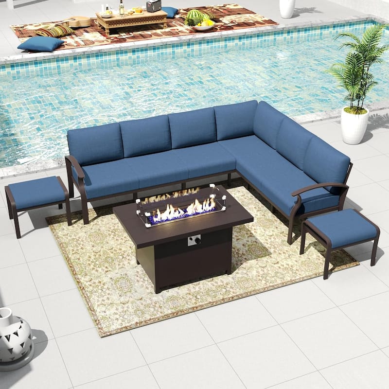 Kullavik Aluminum Corner Sofa Set, Patio Outdoor Sectional Sofa Set with Armrests and Footrests - 8 Seats/Fire Pit - Navy Blue