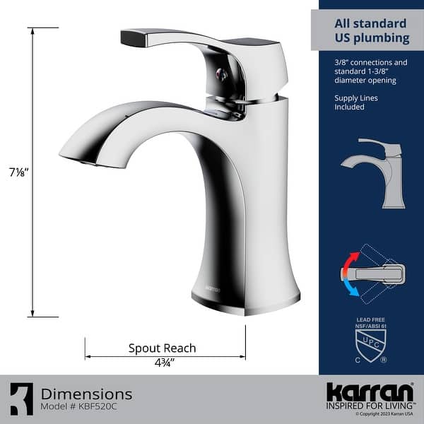 dimension image slide 3 of 4, Karran Randburg KBF520 Single-Handle Single Hole Basin Bathroom Faucet with Matching Pop-up Drain