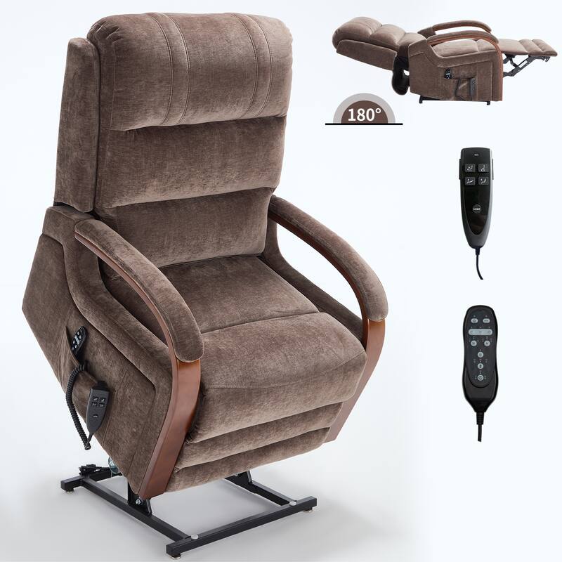 Roomfitters Dual Motor Power Lift Recliner, Infinite Position Massage Chair with Solid Wood Armrests, Chenille