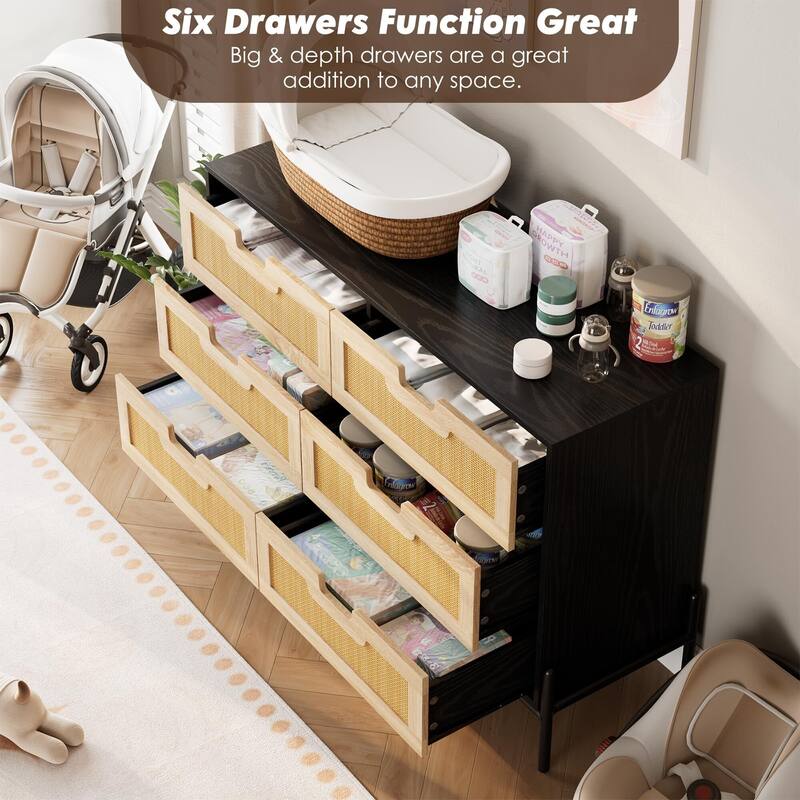 Rattan 6 Drawer Dresser for Bedroom, Modern Farmhouse Wooden Storage Cabinet with Legs