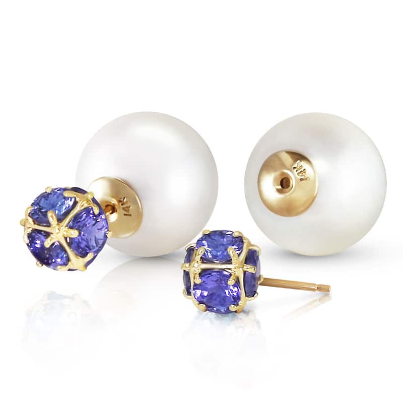 14K Solid Gold Tribal Double Shell Pearls And Tanzanites Stud Earrings