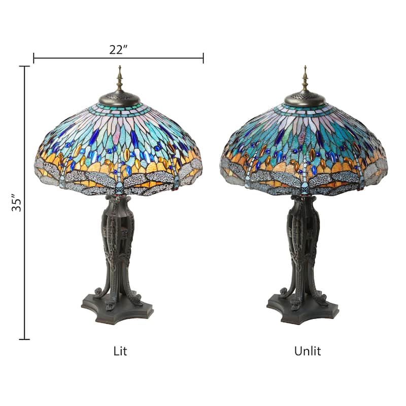 Multi Dragonflies River of Goods Tiffany-Style Multicolored Stained Glass 35-Inch Table Lamp - 22" x 22" x 35"