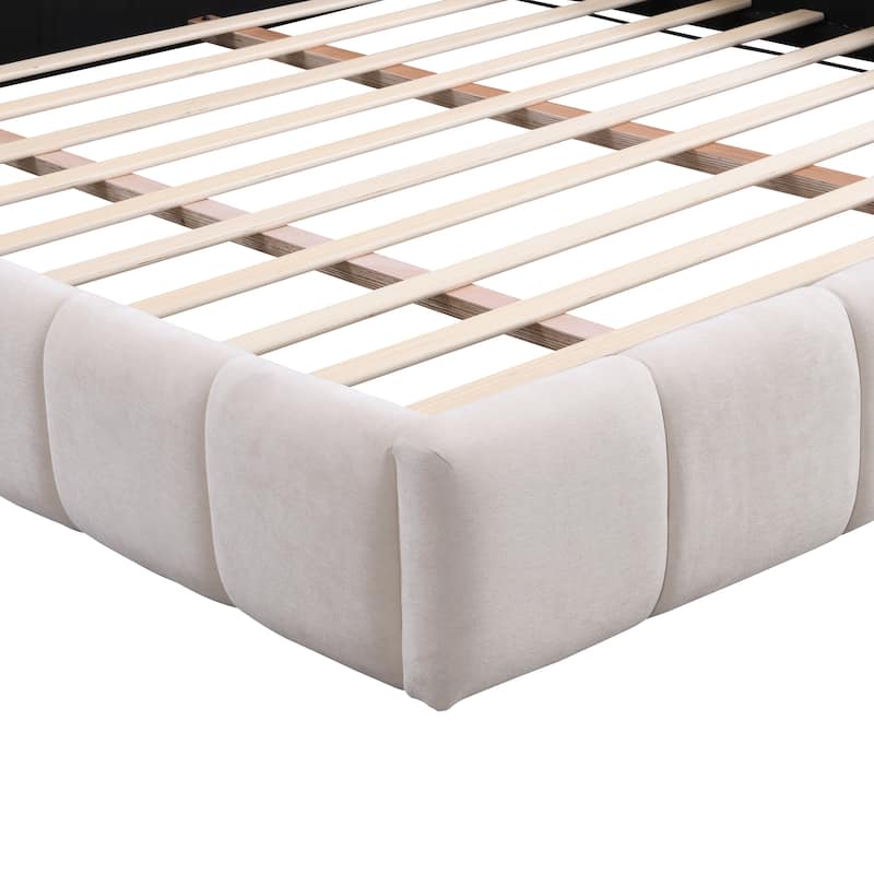 Block Grounded Bed, Beige Chenille Platform Bed Frame Fully Upholstered Modern Bedroom/Apartment Floor Bed Low Profile Bed