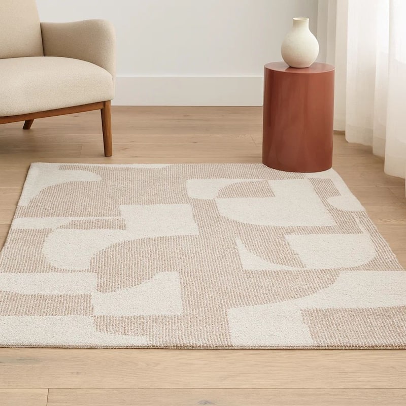 Jimmy 8 x 10 Area Rug, Abstract Pattern Polyester, Cotton Back, Beige Brown - 8 x 10