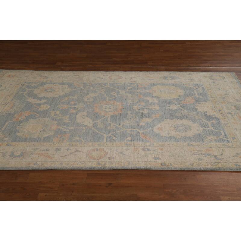 Vegetable Dye Floral Oushak Turkish Area Rug Handmade Blue Wool Carpet - 5'1"x 8'4"