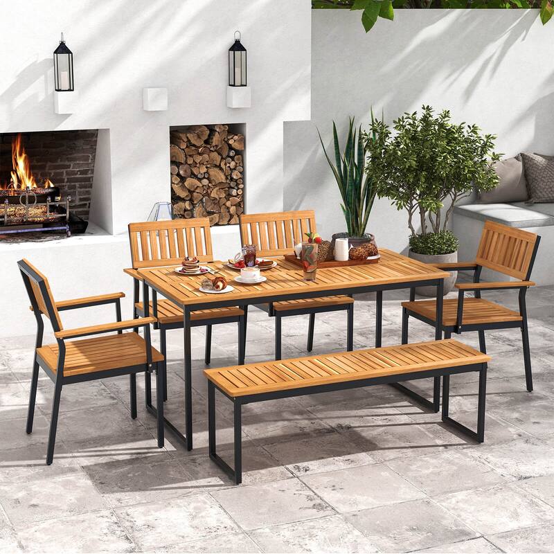 Costway 6 PCS Outdoor Acacia Wood Dining Set with Bench 2" Umbrella - 6 PCS - 6 PCS - as pic shows