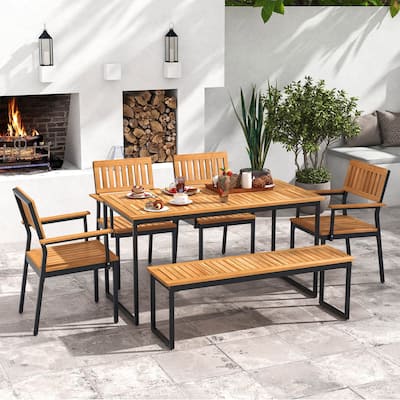 Costway 6 PCS Outdoor Acacia Wood Dining Set with Bench 2" Umbrella - 6 PCS