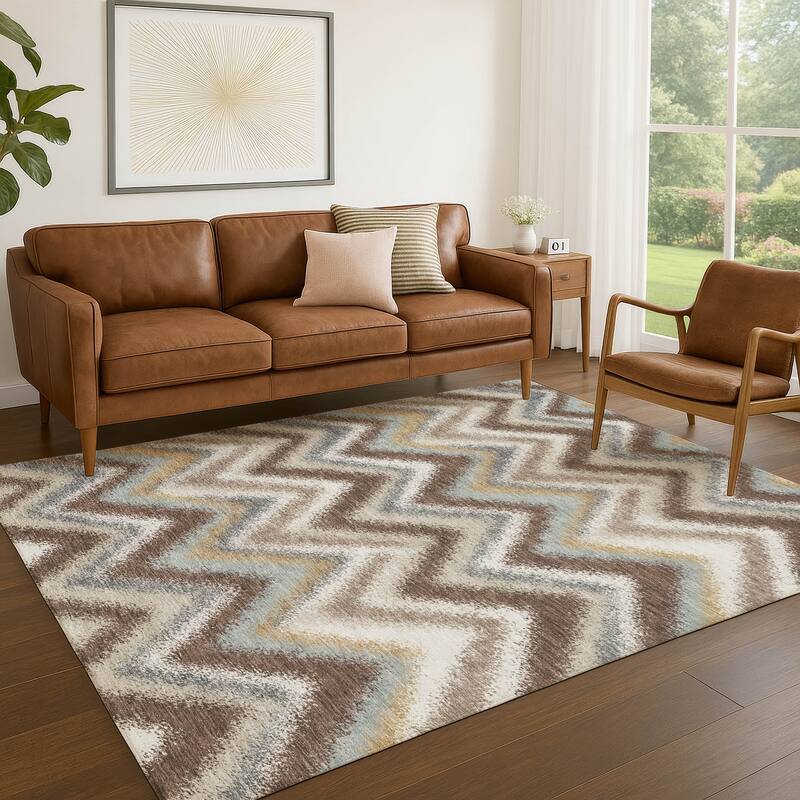 Machine Washable Indoor/ Outdoor Modern Chevron Chantille Rug