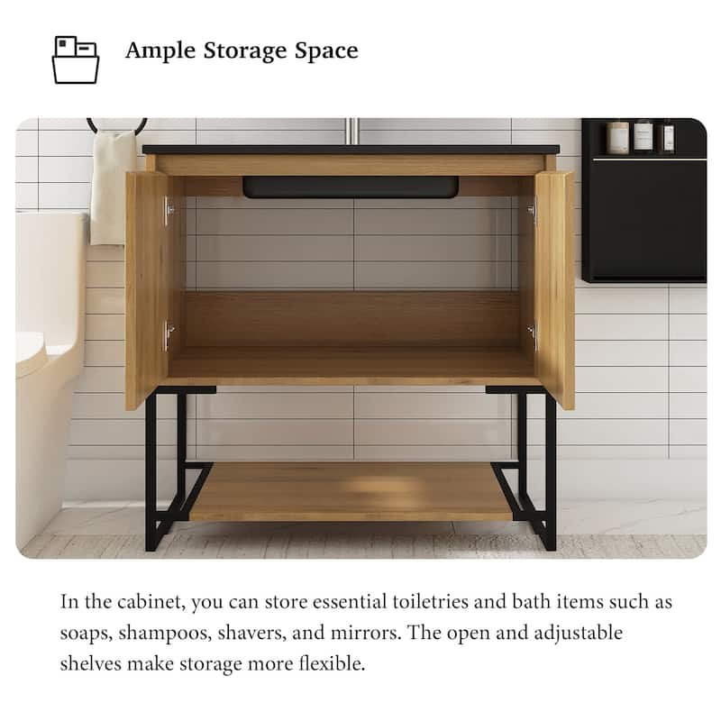 Freestanding Bathroom Vanity Set in Oak with Integrated Solid Surface Sink