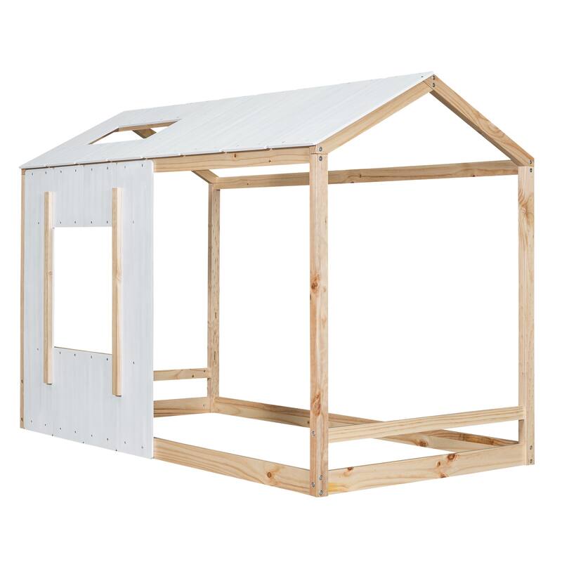 Roomfitters Twin Size House Platform Bed with Roof and Window Design