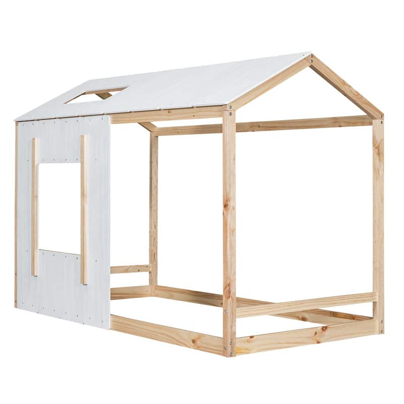 Twin Size Solid Wood House Platform Bed with Roof and Window Design