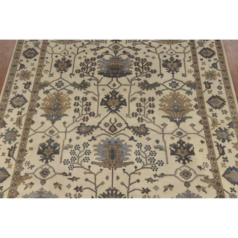 Earth Tone Oushak Area Rug Hand-Knotted Beige Floral Wool Carpet - 9'1" x 11'8"