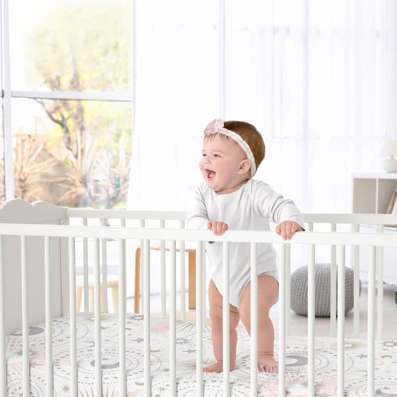 Sweet Jojo Designs Blush Pink Gold Star and Moon Girl Satin Fitted Crib Sheet - Grey Celestial Sky Stars Gray Shabby Chic