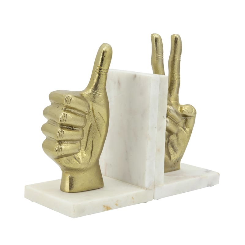 Sagebrook Home Set of 2 Metal Hand Sign Bookends Contemporary Marble Thumbs Up Peace Sign Bookends Book - 5" x 4" x 8"