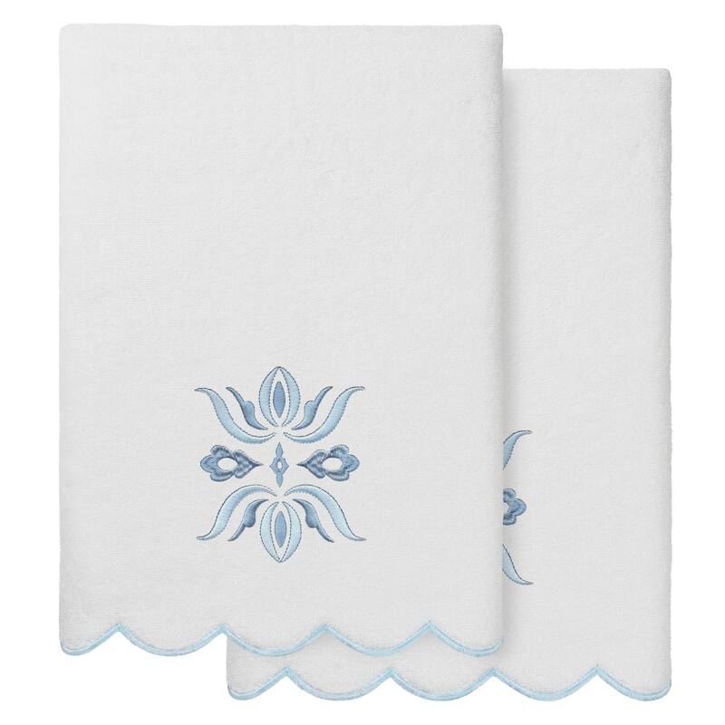 Authentic Hotel and Spa 100% Turkish Cotton FLOWER CREST Scallop Towel Collection - White/Blue - 2 Bath Towels