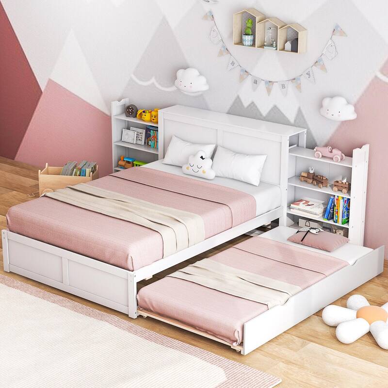 Gymax Full/Twin Wooden Platform Bed with Trundle Storage Headboard