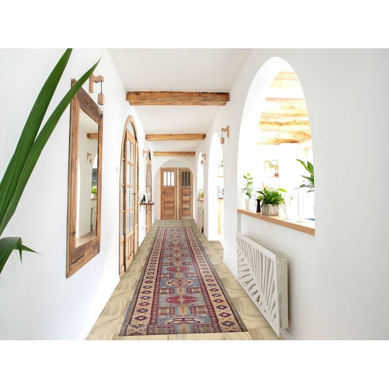 Light Blue Kazak Runner Rug Handmade Wool Carpet - 2'7" x 20'7"