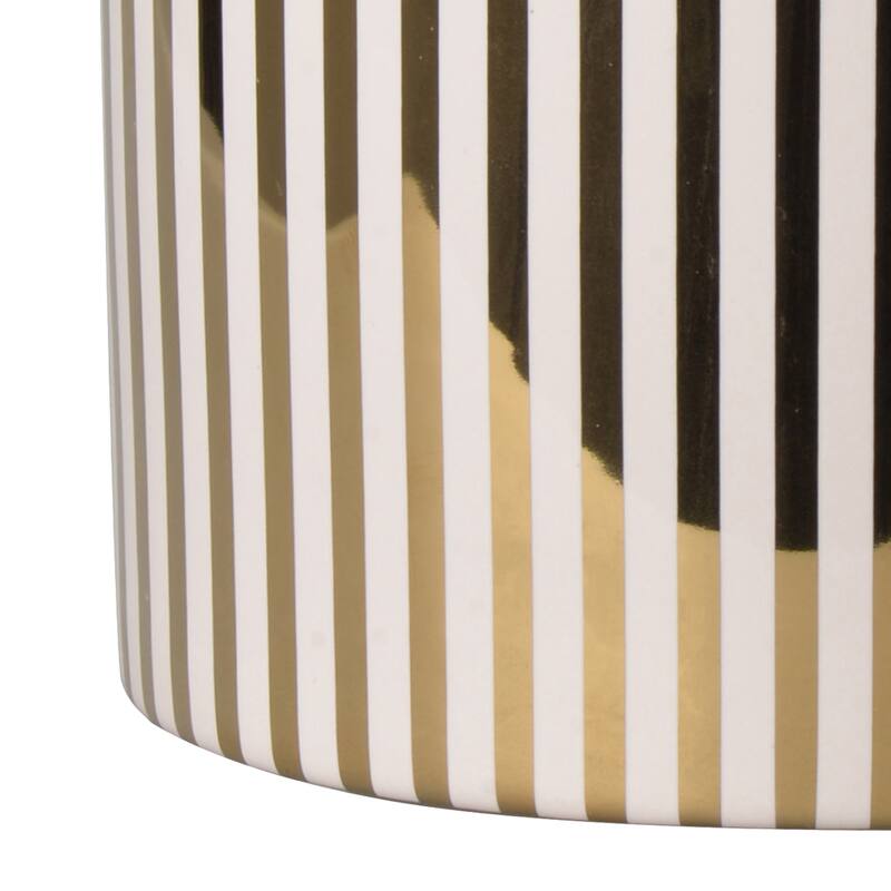 Ceramic Cylindrical Planter with Strips Pattern, White and Gold