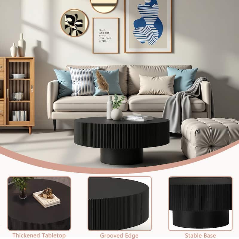 Round Fluted Coffee Table with Sturdy Pedestal, Mid-Century Modern Accent Table for Living Room & Small Spaces