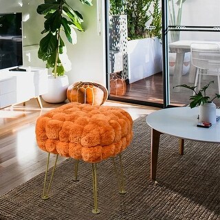 Handwoven Faux Fur Ottoman Footstool Plush Metal Legs Burnt Orange