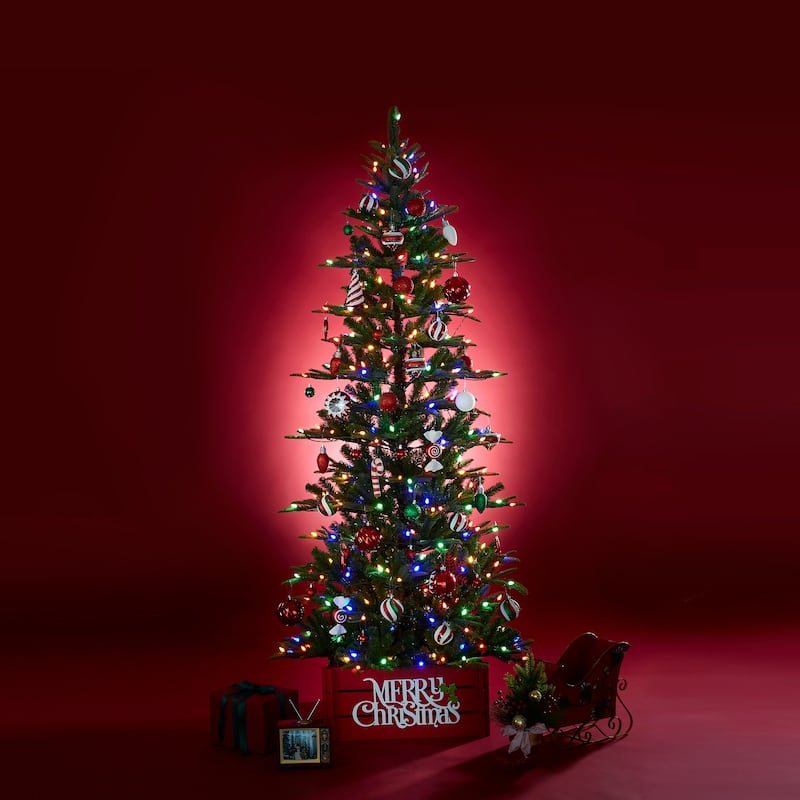 Glitzhome 7.5ft/9ft Pre-Lit Evergreen Slim Fir Artificial Christmas Tree With Strawberry Lights
