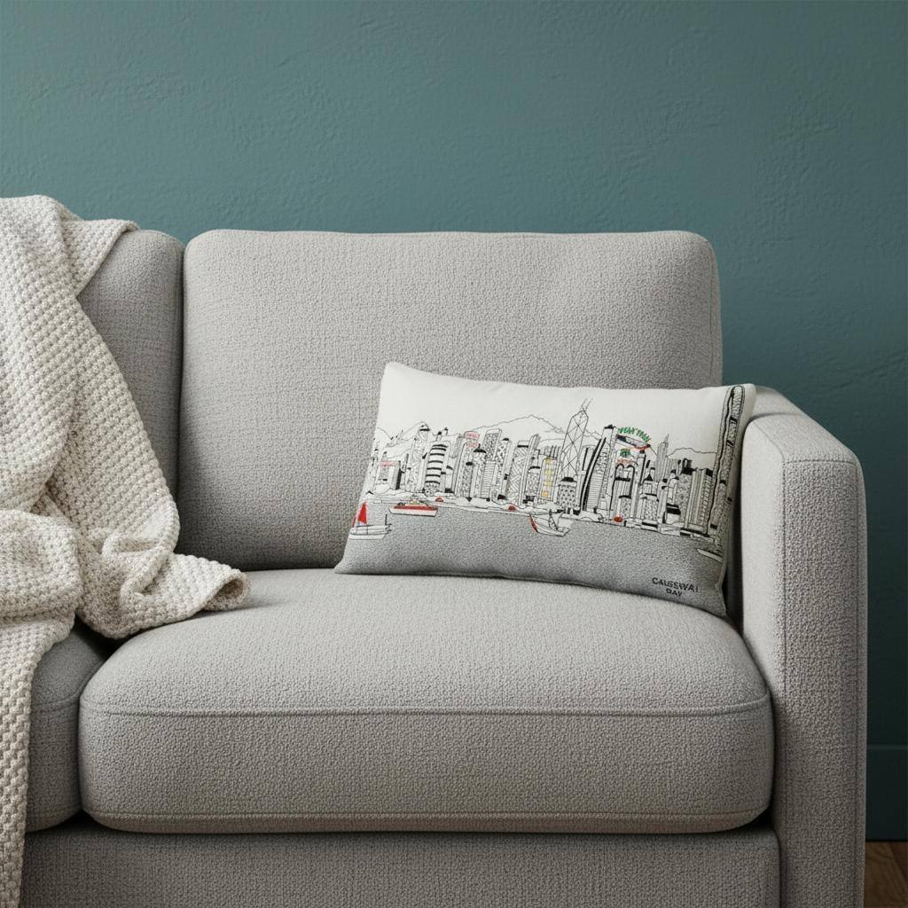 HomeRoots 14" X 24" Cream Hong Kong Daylight Skyline Lumbar Decorative Pillow