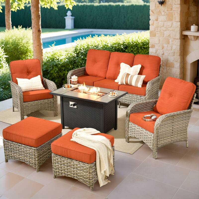 XIZZI Outdoor Patio Furniture Conversation Set with Fire Table - 6-Piece - Red/Orange