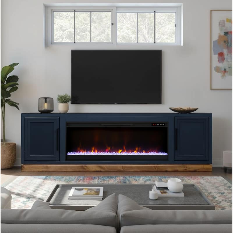 Bridgevine Home Nora 81 inch Fireplace TV Stand, for TVs up to 90 inches, Two-Tone Finish - Blue Denim and Whiskey