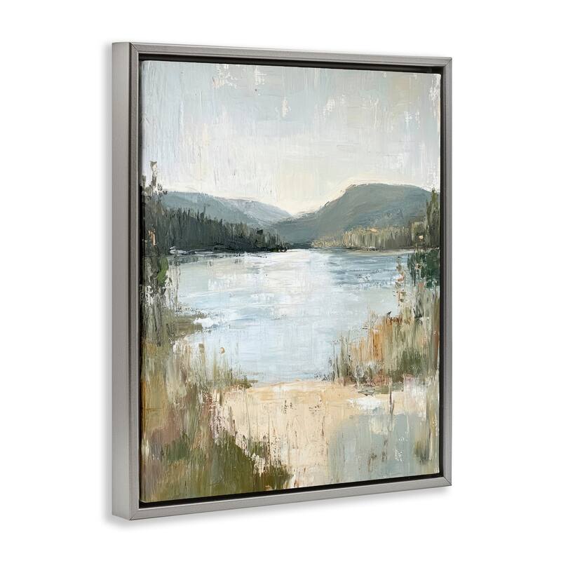 Stupell Abstract Lake Shore & Mountains Framed Floater Canvas Wall Art Design By Petal Prints Design
