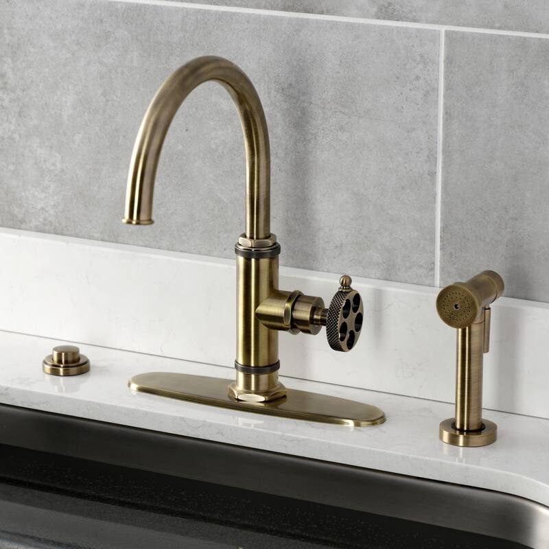 Kingston Brass Webb Single-Handle 1-Hole Deck Mount Kitchen Faucet with Knurled Handle and Brass Side Sprayer