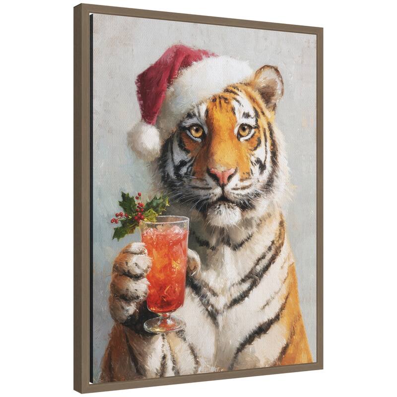 Kate and Laurel Sylvie Framed Canvas Tiger Festive Cocktail Santa Hat by The Creative Bunch Studio - Gold