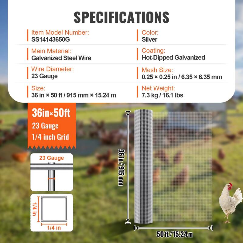 Hardware Cloth, Hot Dipped Galvanized Wire Mesh Roll, Chicken Wire Fencing, Wire Mesh for Rabbit Cages, Garden - Silver