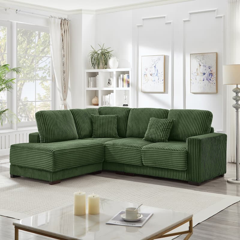 L Shaped Sectional Sofa with Reversible Chaise Lounge, Convertible Sectional 3 Seat Sofa, Corduroy Upholstered Corner Sofa - Green