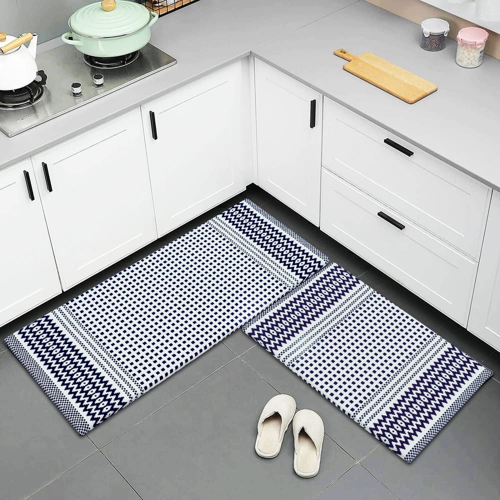 Anti-Fatigue Standing Cushioned Kitchen Bath Mats [Set of 2] Woven Cotton | Waterproof | Non-Slip | for Office, Sink, Laundry