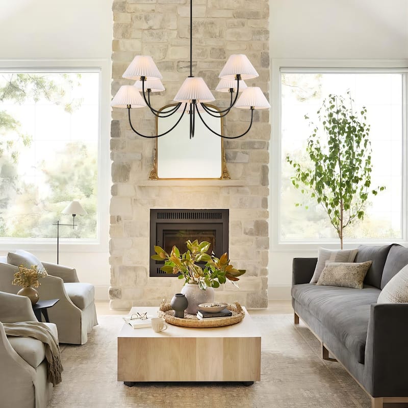 8/5-Light Mid-Century Modern Gold/Black Chandelier with Pleated Fabric Lampshades Hanging Light for Living Room, Dining Room