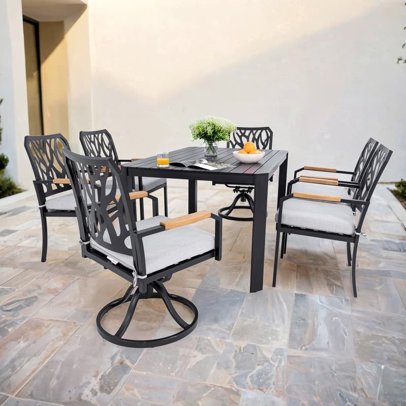 7-PC Outdoor Patio Aluminum Furniture Set: 4 Dining Chairs, 2 Swivel Rockers, Rectangular Table with Umbrella Hole.