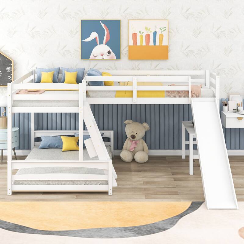 LShaped Triple Bunk Bed with Slide, Twin/Full Loft Bed with Desk Bed
