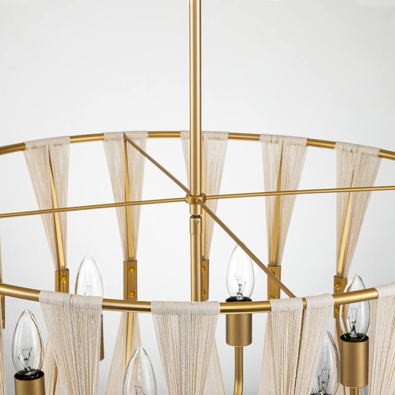 6-Light 23.6" Farmhouse Boho Hand-Woven Ivory Rope Tapered Fabric Drum Chandelier