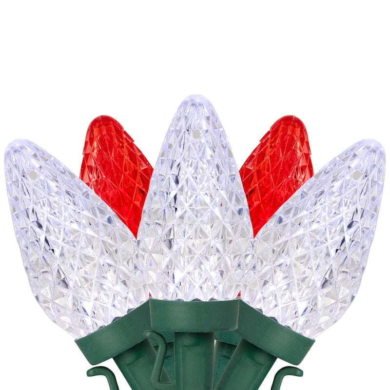 100 Red Pure White Faceted LED C9 Christmas Lights - 66 ft Green Wire