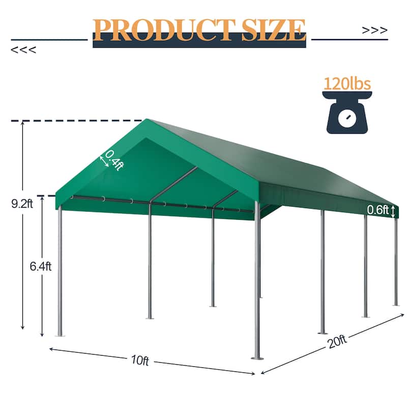 Futzca 10x20ft Heavy Duty Carport with UV Resistant Canopy - N/A