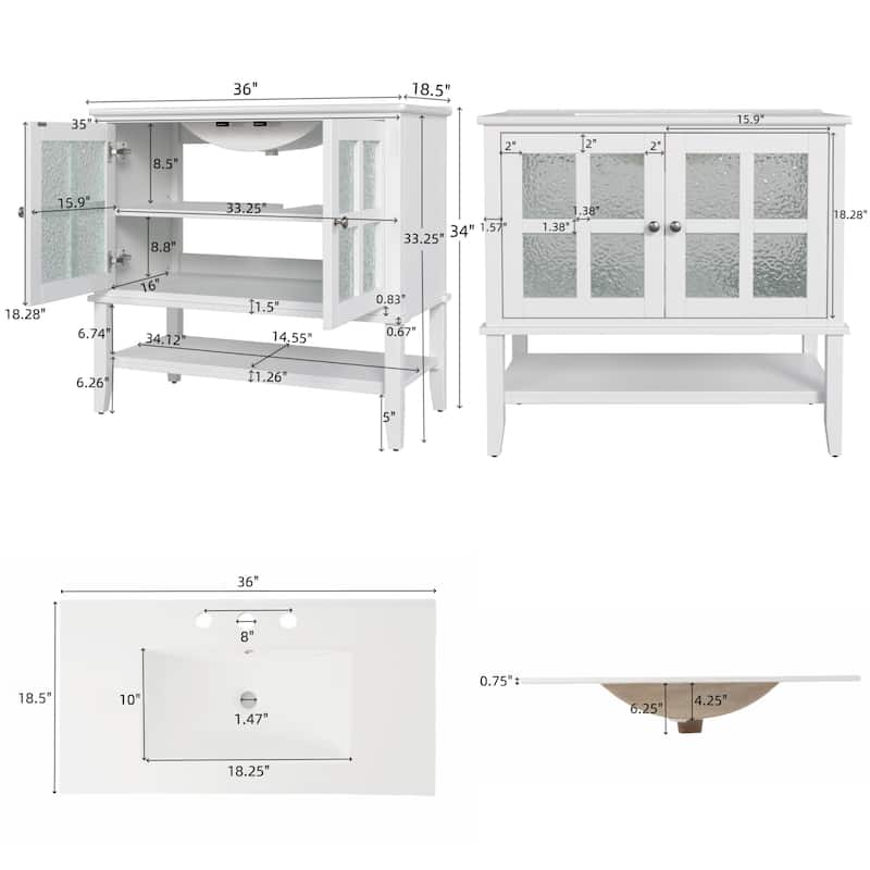 36" Bathroom Vanity Set with Ceramic Sink – Features Adjustable Shelf, Open Storage, Solid Wood Legs & Waterproof Finish.