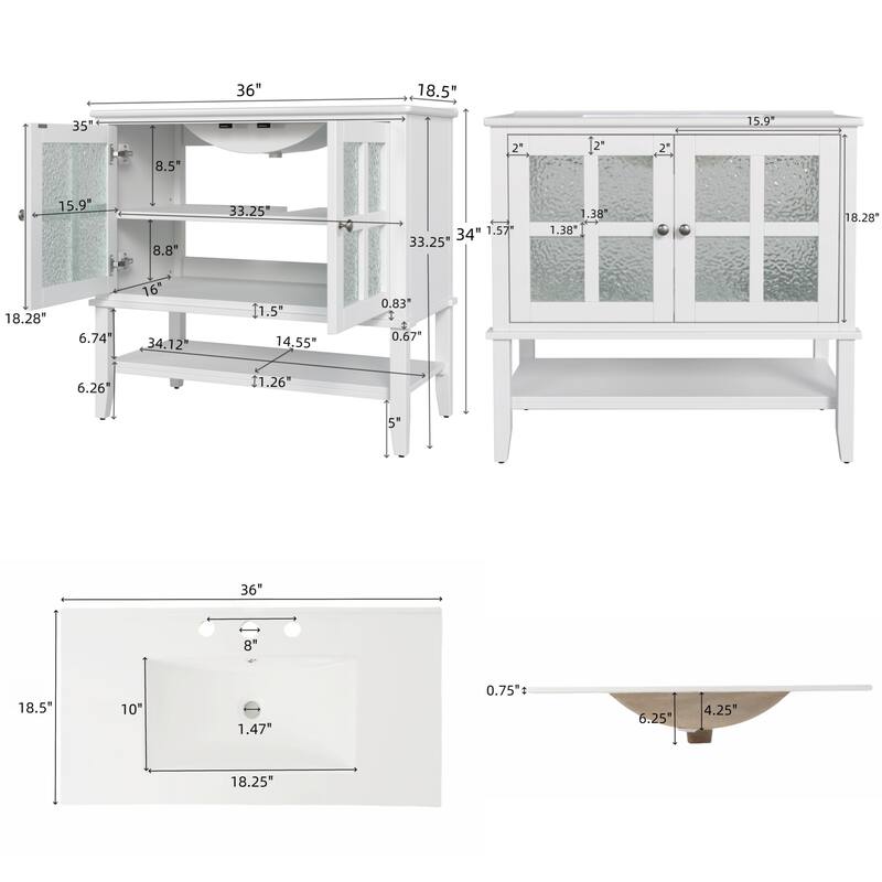 36" Storage Cabinet for Bathroom Vanity with Sink, Textured Glass Doors, Open Shelf, Silver Metal Knobs and Adjustable Shelf