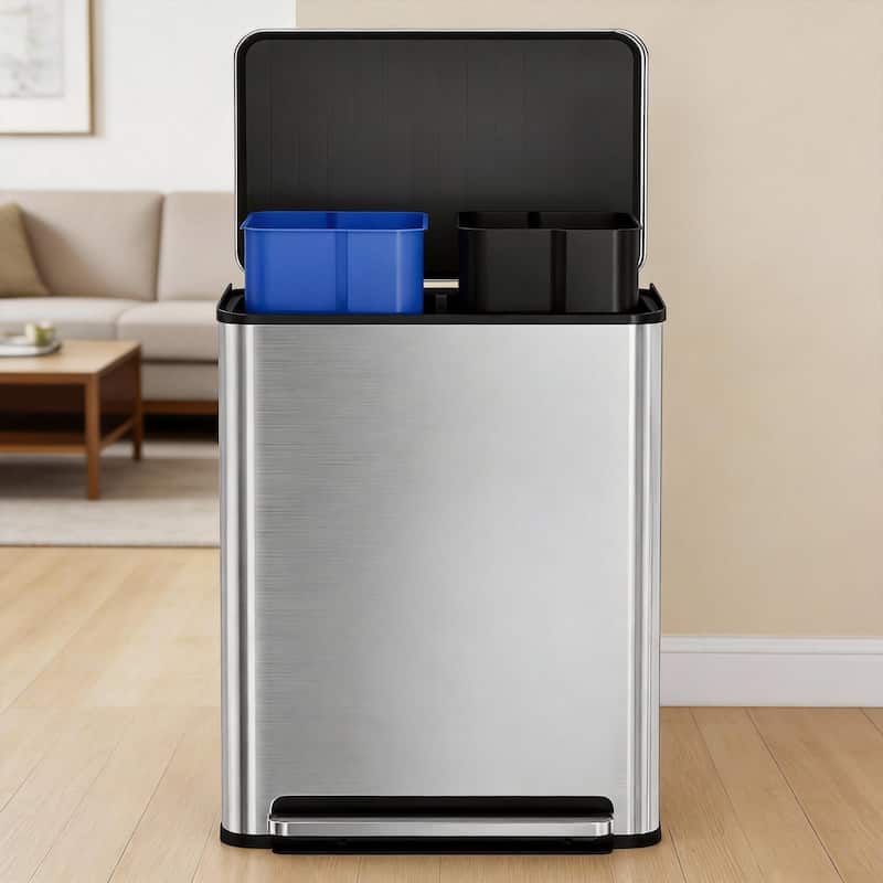 2 x 8 Gal Dual Compartment Trash Can, with Lid - Silver