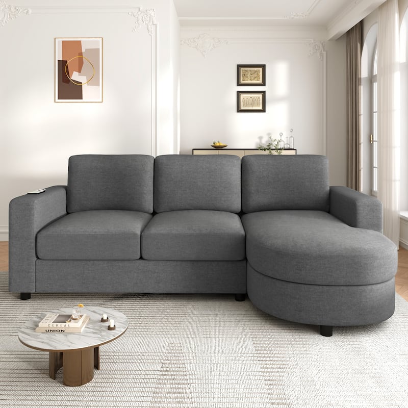 L-Shape Sectional Sofa with Curved Chaise Lounge, Chenille Fabric 3 Seater Sofa with USB Ports & Storage Pockets