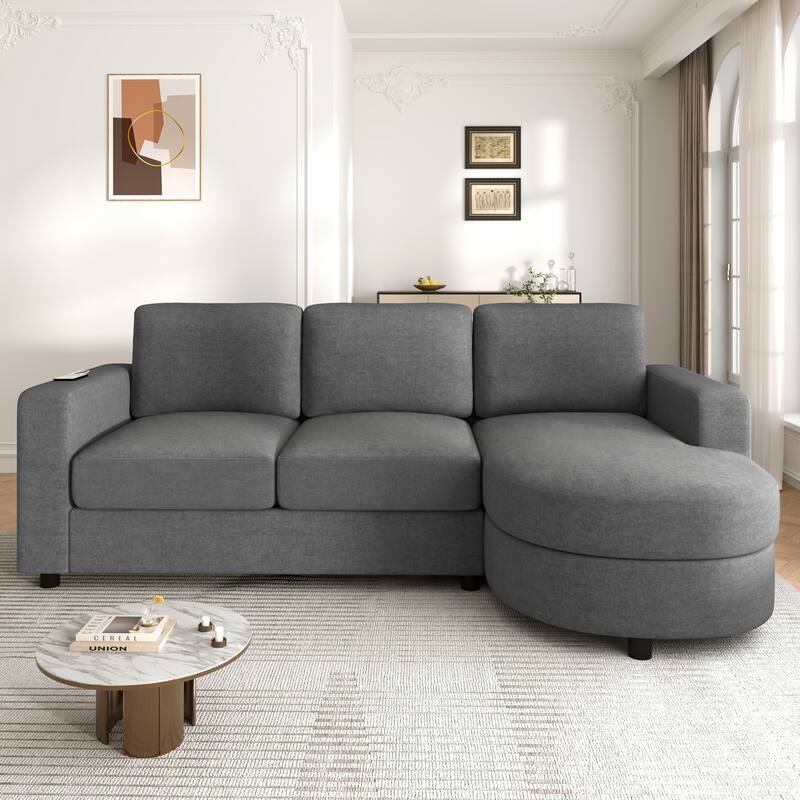 Modern L-Shaped Sofa with Curved Chaise, USB Charging Ports & Storage Pockets for Small Space - Grey