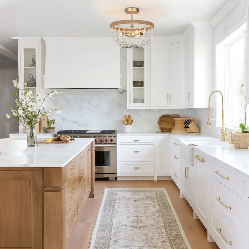 Farmhouse Boho Beaded 3-Light Chandelier Gold Semi-flush Mount Ceiling Light for Kitchen Island Living Room