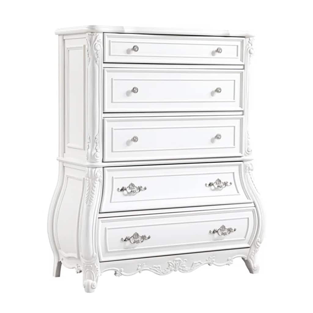 Valena Tall Dresser Chest, 5 Drawers, White Solid Wood, Metal Handles