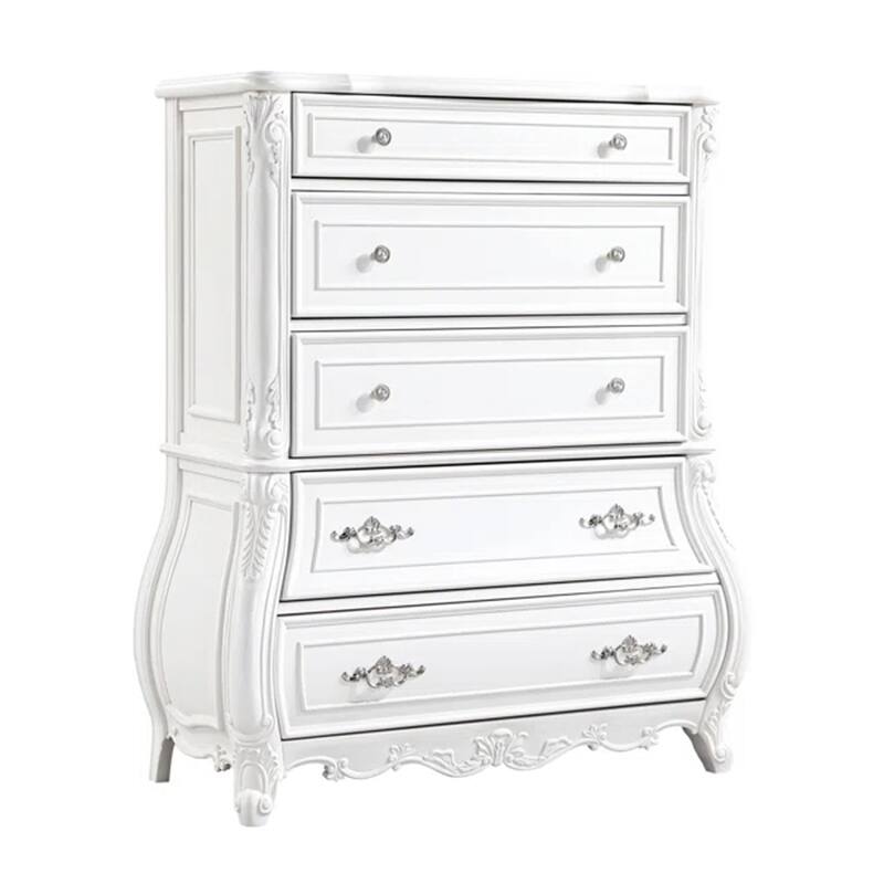 Valena Tall Dresser Chest, 5 Drawers, White Solid Wood, Metal Handles