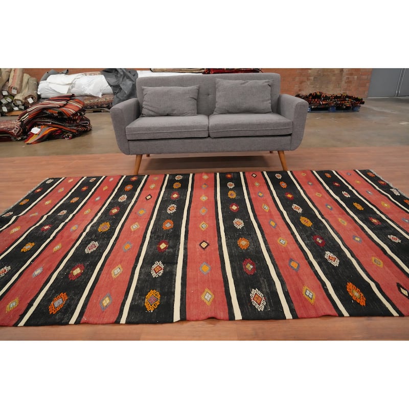 Hand Woven Oriental 100% Wool Carpet Southwestern Tribal Coral Kilim Area Rug - 9' 2'' X 5' 7''
